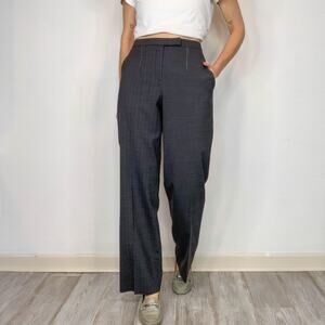 GUNEX gray pinstripe pants wide leg contrast stitching corporate office 3012